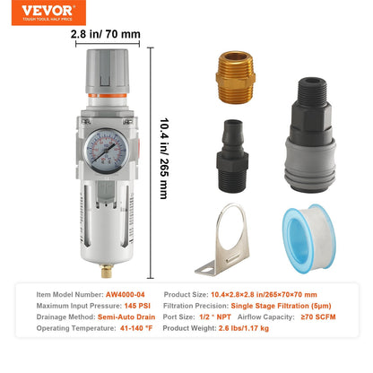 Air Compressor Filter Regulator, 1/2" NPT, 5μm, Brass Element, 1.17 kg, 265mm