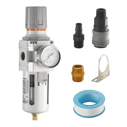 Air Compressor Filter Regulator, 1/2" NPT, 5μm, Brass Element, 1.17 kg, 265mm