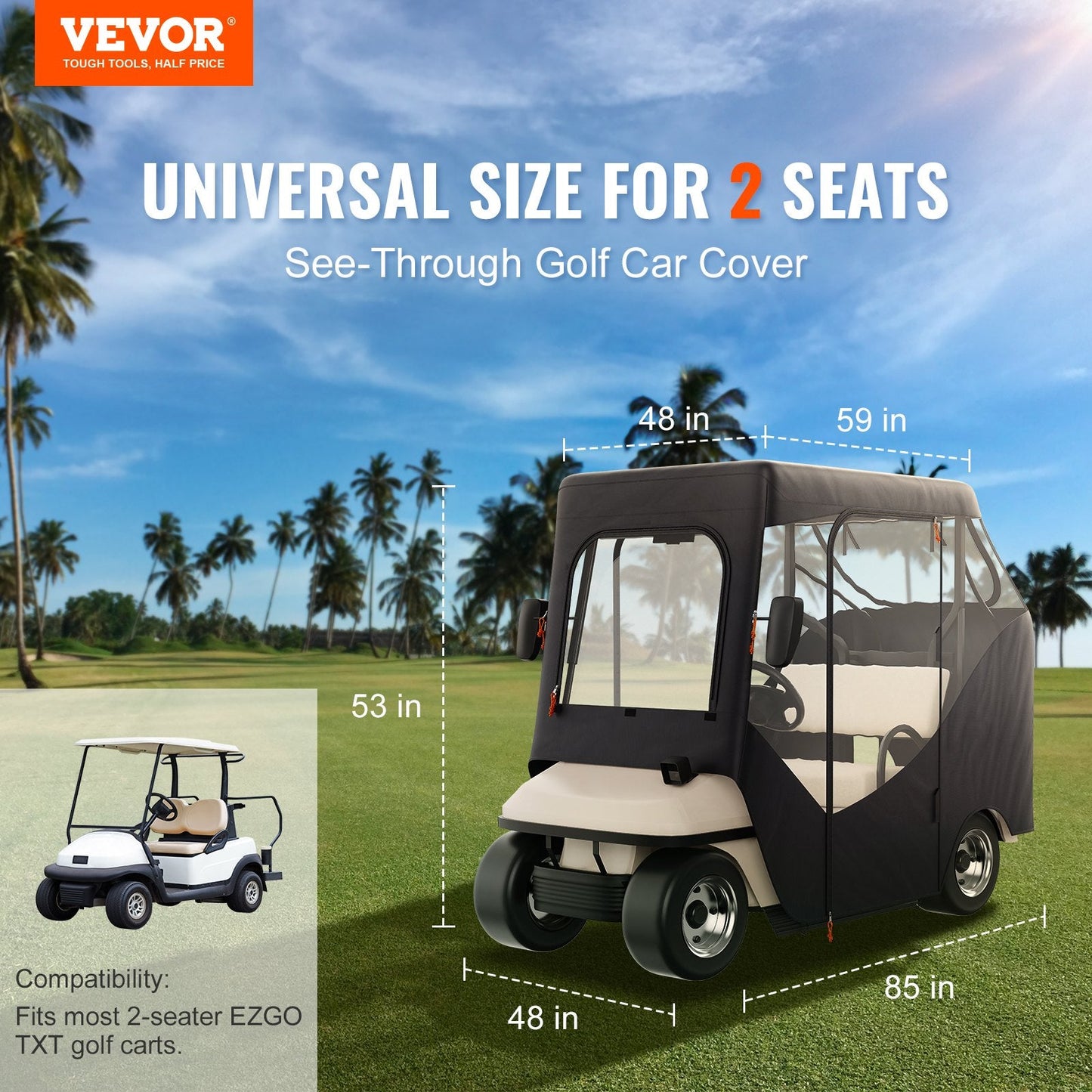 Golf Cart Cover, 600D Polyester, 4-Sided Transparent Windows, Sun & Dust Protection