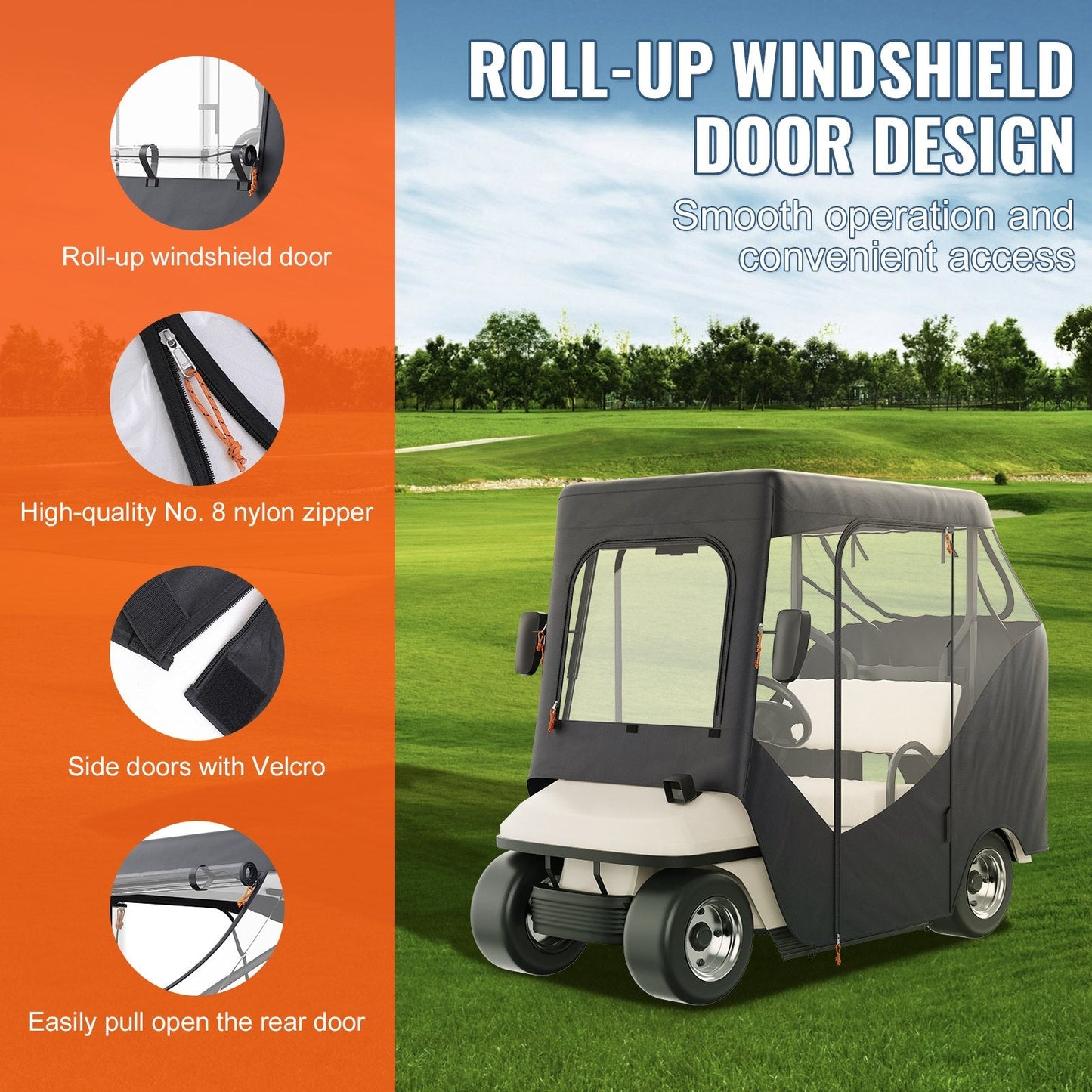 Golf Cart Cover, 600D Polyester, 4-Sided Transparent Windows, Sun & Dust Protection