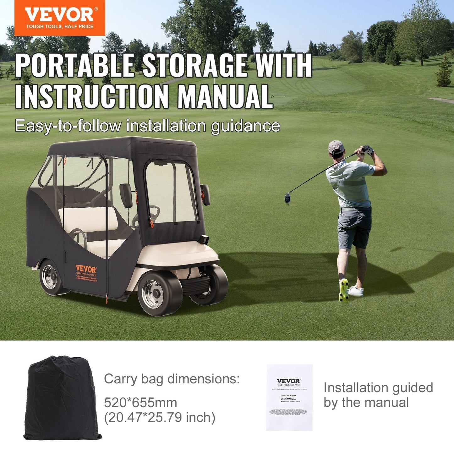 Golf Cart Cover, 600D Polyester, 4-Sided Transparent Windows, Sun & Dust Protection