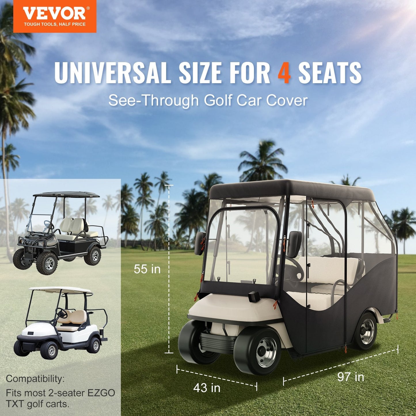 Golf Cart Cover, 4-Sided Transparent Windows, 4-Passenger, Sunproof & Dustproof