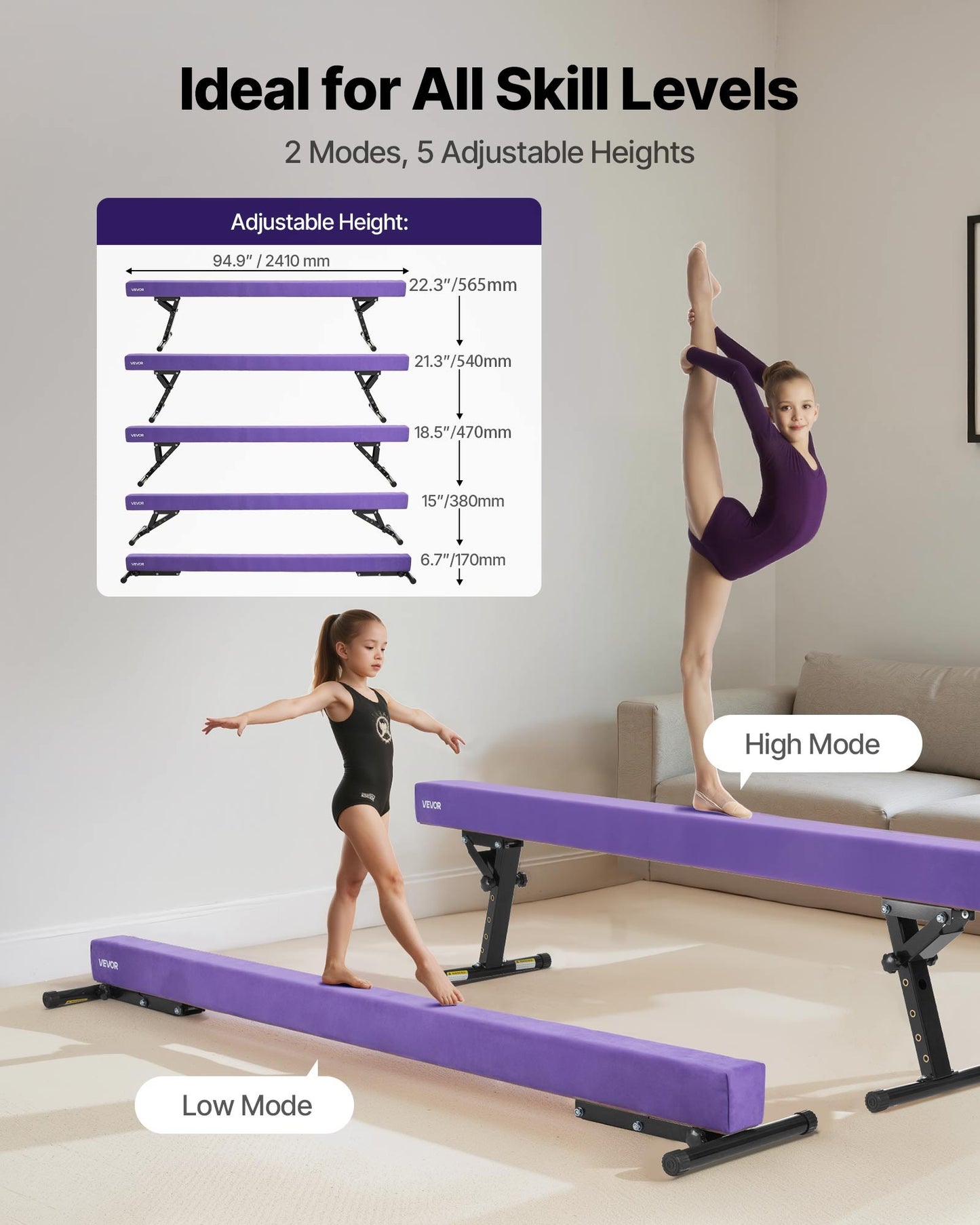 Adjustable Balane Beam for Kids, 8FT Gymnastics Beam, High and Low Floor Beams of 5 Adjustable Heights for All Gymnastic Levels, Professional Gymnastic Equipment for Home and Gym Center, Purple