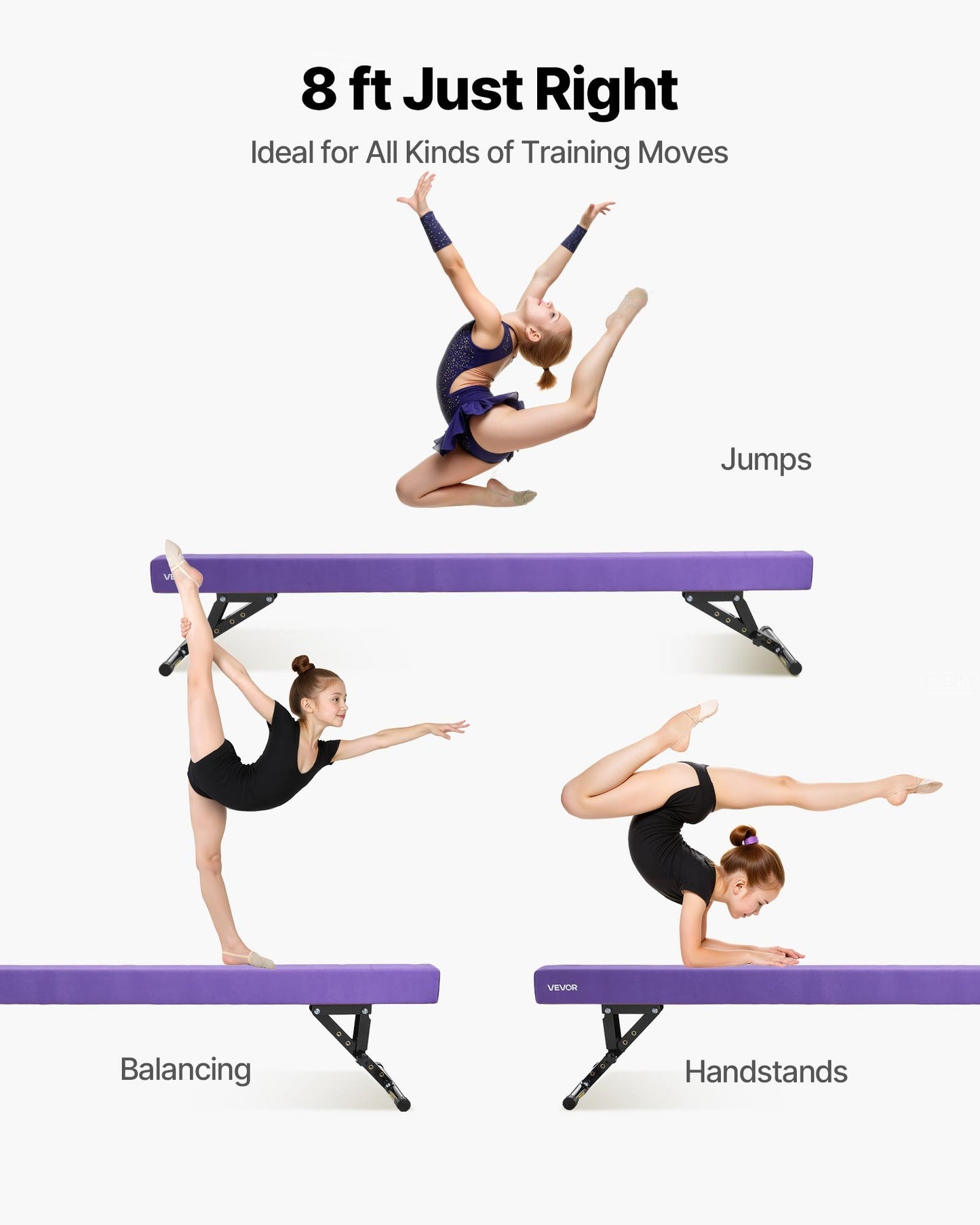 Adjustable Balane Beam for Kids, 8FT Gymnastics Beam, High and Low Floor Beams of 5 Adjustable Heights for All Gymnastic Levels, Professional Gymnastic Equipment for Home and Gym Center, Purple