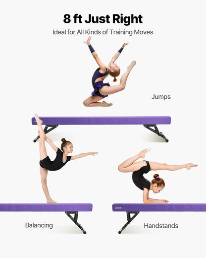 Adjustable Balane Beam for Kids, 8FT Gymnastics Beam, High and Low Floor Beams of 5 Adjustable Heights for All Gymnastic Levels, Professional Gymnastic Equipment for Home and Gym Center, Purple