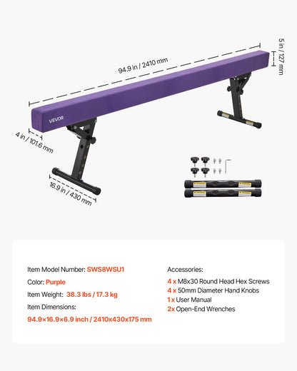 Adjustable Balane Beam for Kids, 8FT Gymnastics Beam, High and Low Floor Beams of 5 Adjustable Heights for All Gymnastic Levels, Professional Gymnastic Equipment for Home and Gym Center, Purple