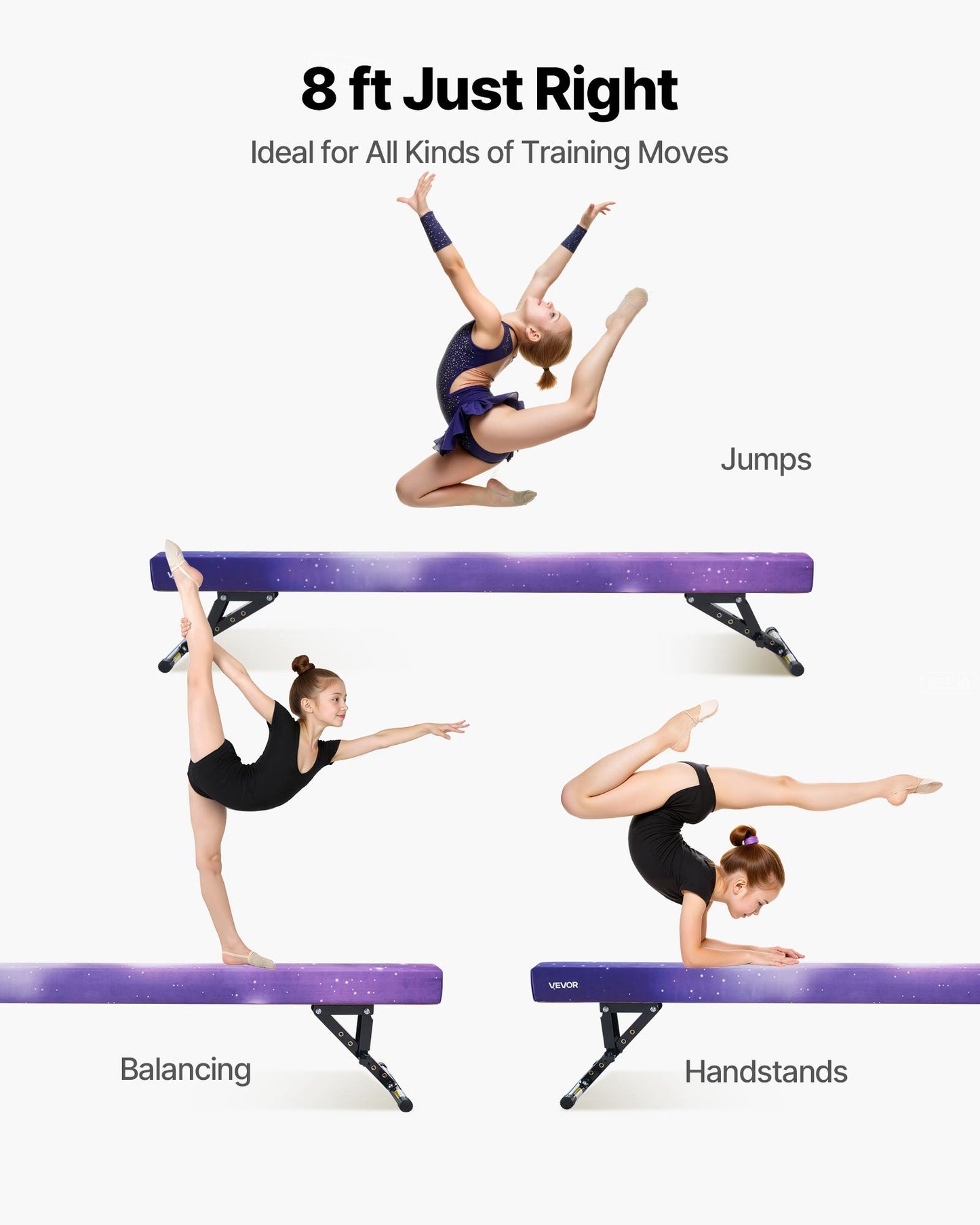 Adjustable Balane Beam for Kids, 8FT Gymnastics Beam, High and Low Floor Beams of 5 Adjustable Heights for All Gymnastic Levels, Professional Gymnastic Equipment for Home and Gym Center, Galaxy
