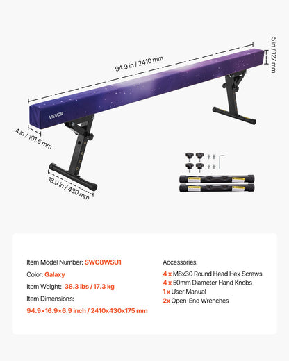 Adjustable Balane Beam for Kids, 8FT Gymnastics Beam, High and Low Floor Beams of 5 Adjustable Heights for All Gymnastic Levels, Professional Gymnastic Equipment for Home and Gym Center, Galaxy
