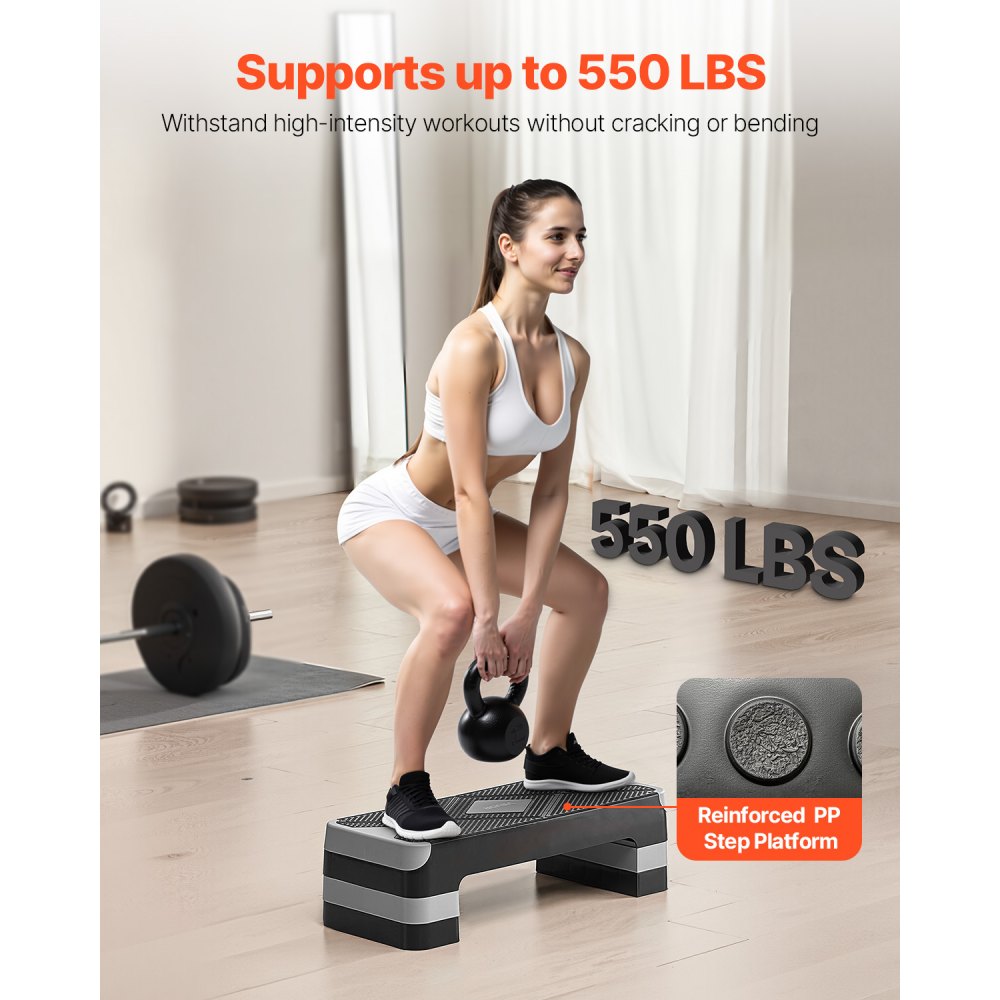 VEVOR Aerobic Exercise Step Platform Adjustable Workout Stepper 4 Riser Gray