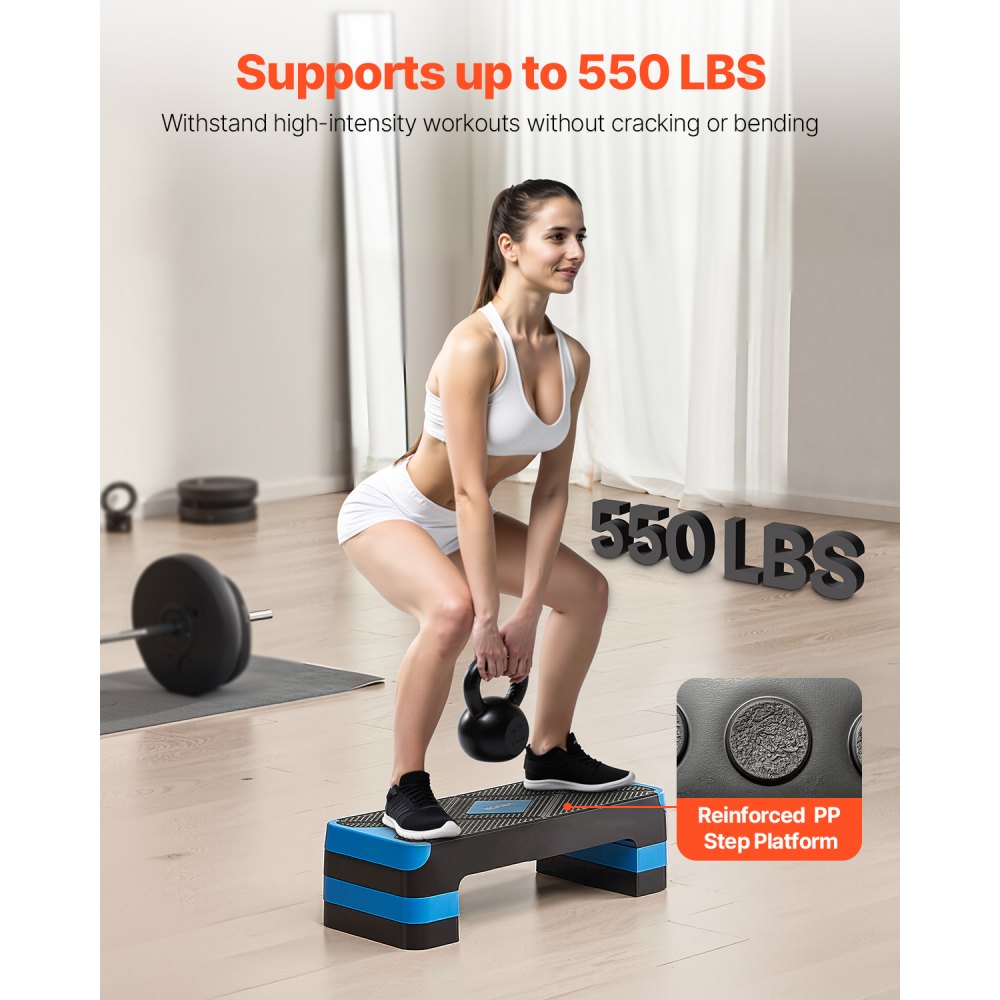 VEVOR Aerobic Exercise Step Platform Adjustable Workout Stepper 4 Riser Blue