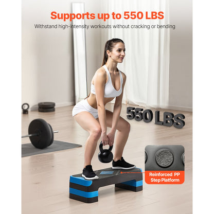 VEVOR Aerobic Exercise Step Platform Adjustable Workout Stepper 4 Riser Blue