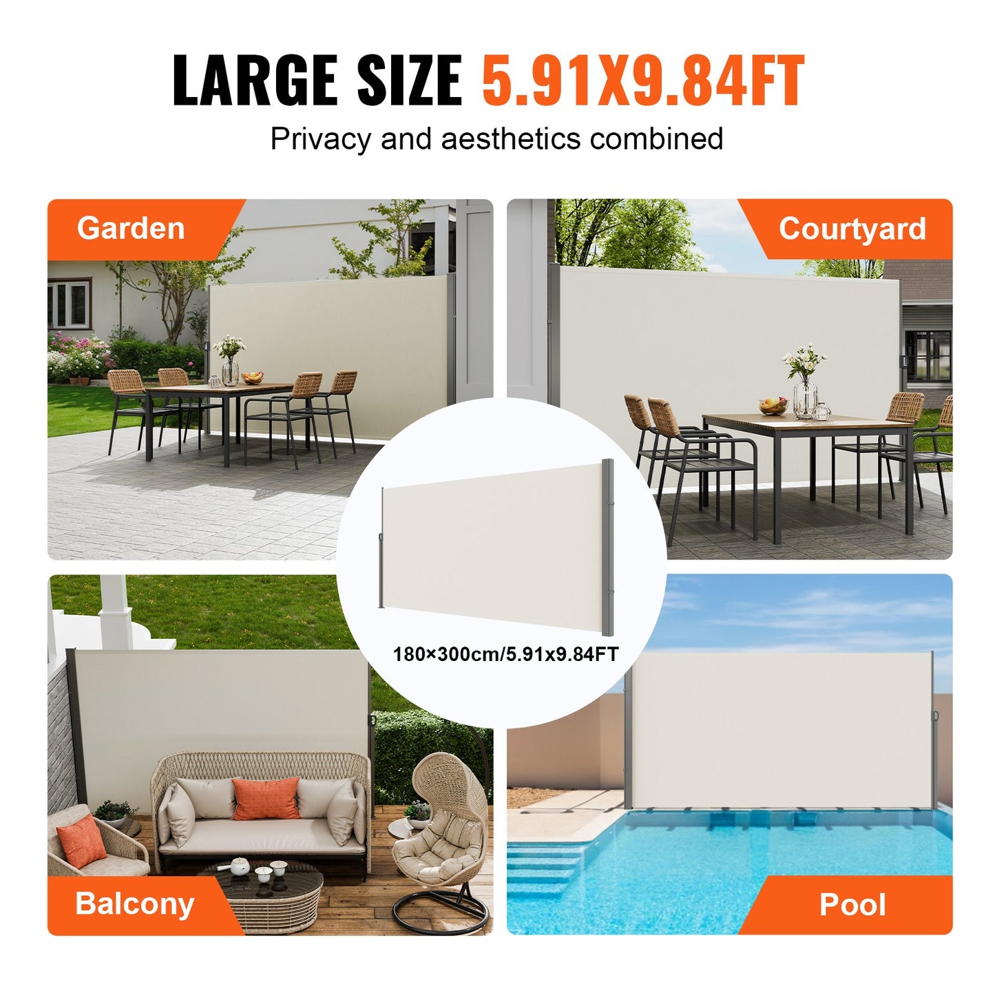 VEVOR Retractable Side Awning, 71''x 118'' Outdoor Privacy Screen, 180g Polyester