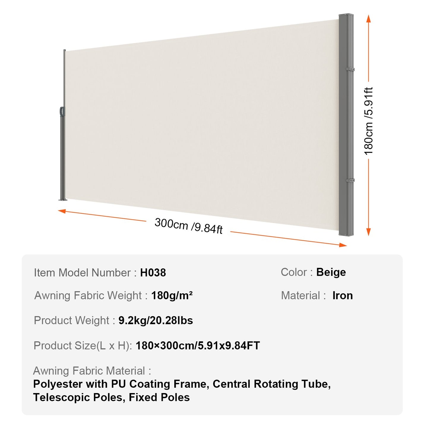 VEVOR Retractable Side Awning, 71''x 118'' Outdoor Privacy Screen, 180g Polyester