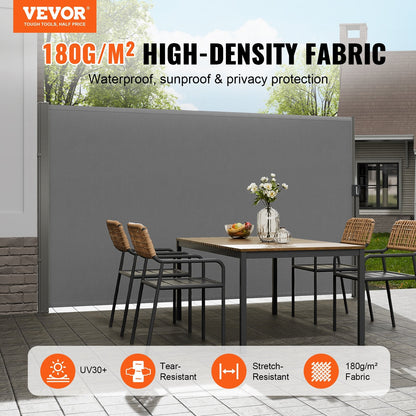Outdoor Retractable Privacy Screen, 2x3m Polyester Awning, UV Resistant, Gray
