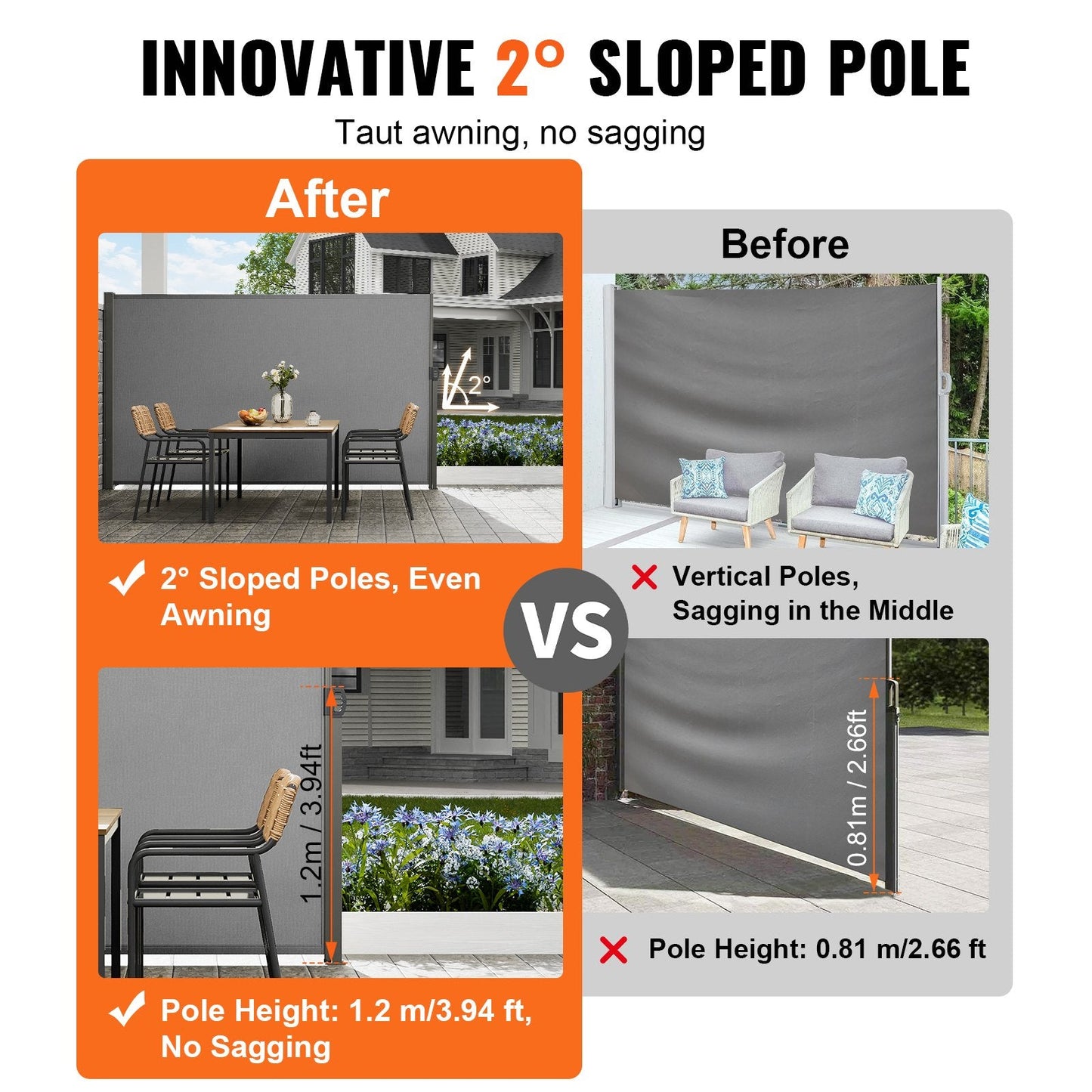 Outdoor Retractable Privacy Screen, 2x3m Polyester Awning, UV Resistant, Gray