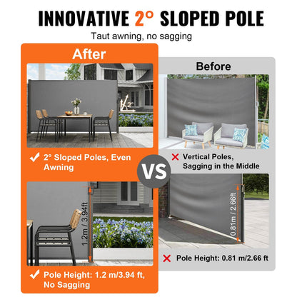 Outdoor Retractable Privacy Screen, 2x3m Polyester Awning, UV Resistant, Gray
