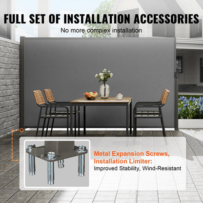 Outdoor Retractable Privacy Screen, 2x3m Polyester Awning, UV Resistant, Gray