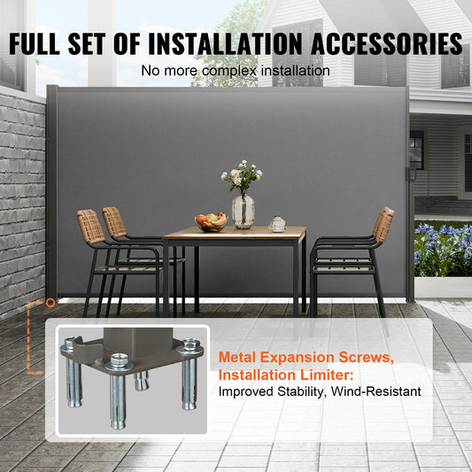Outdoor Retractable Privacy Screen, 2x3m Polyester Awning, UV Resistant, Gray