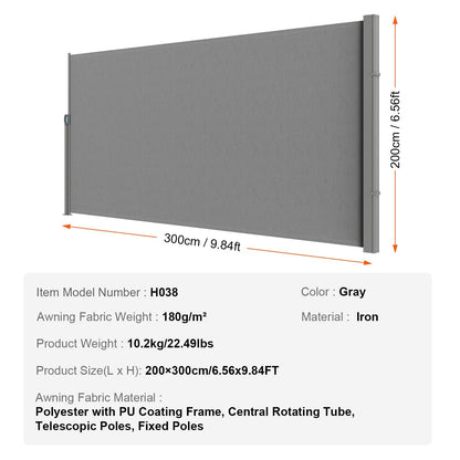 Outdoor Retractable Privacy Screen, 2x3m Polyester Awning, UV Resistant, Gray