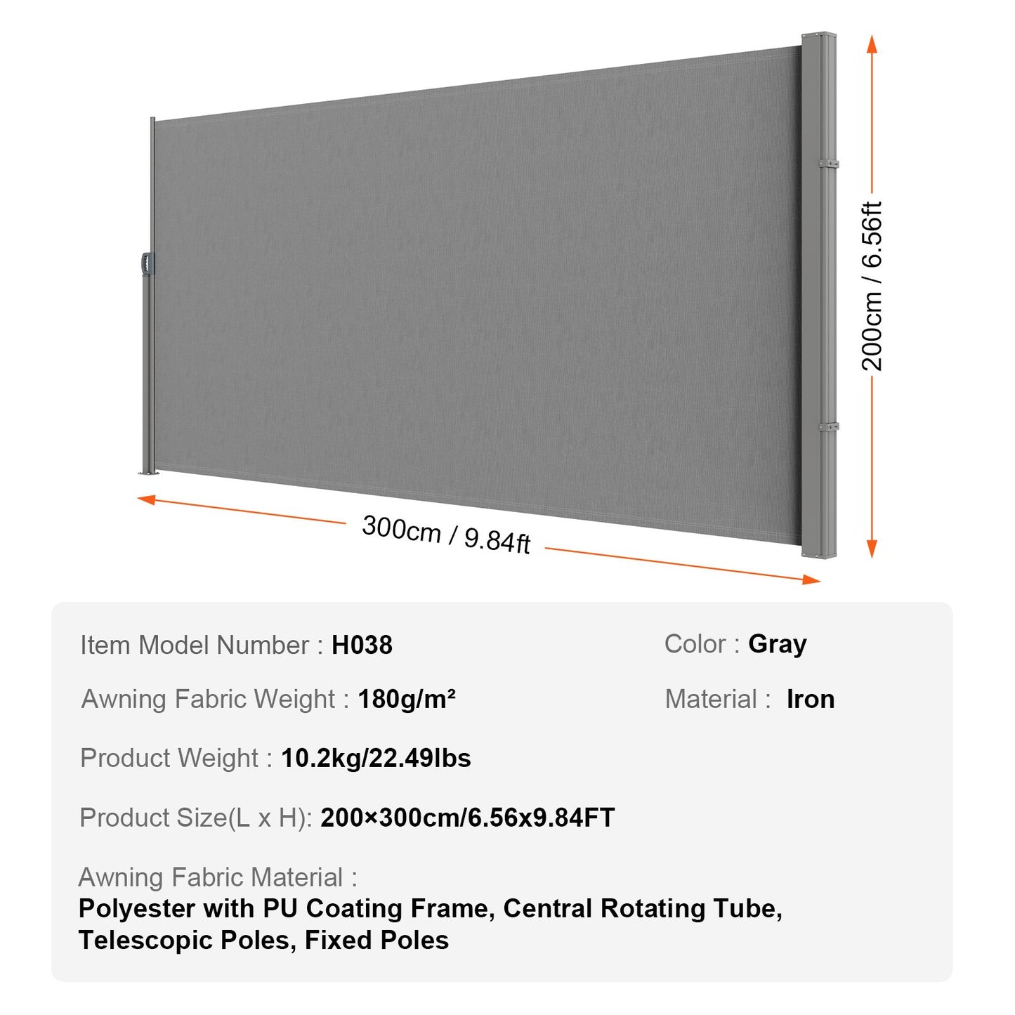VEVOR Retractable Side Awning, 79''x 118'' Outdoor Privacy Screen, 180g Polyester