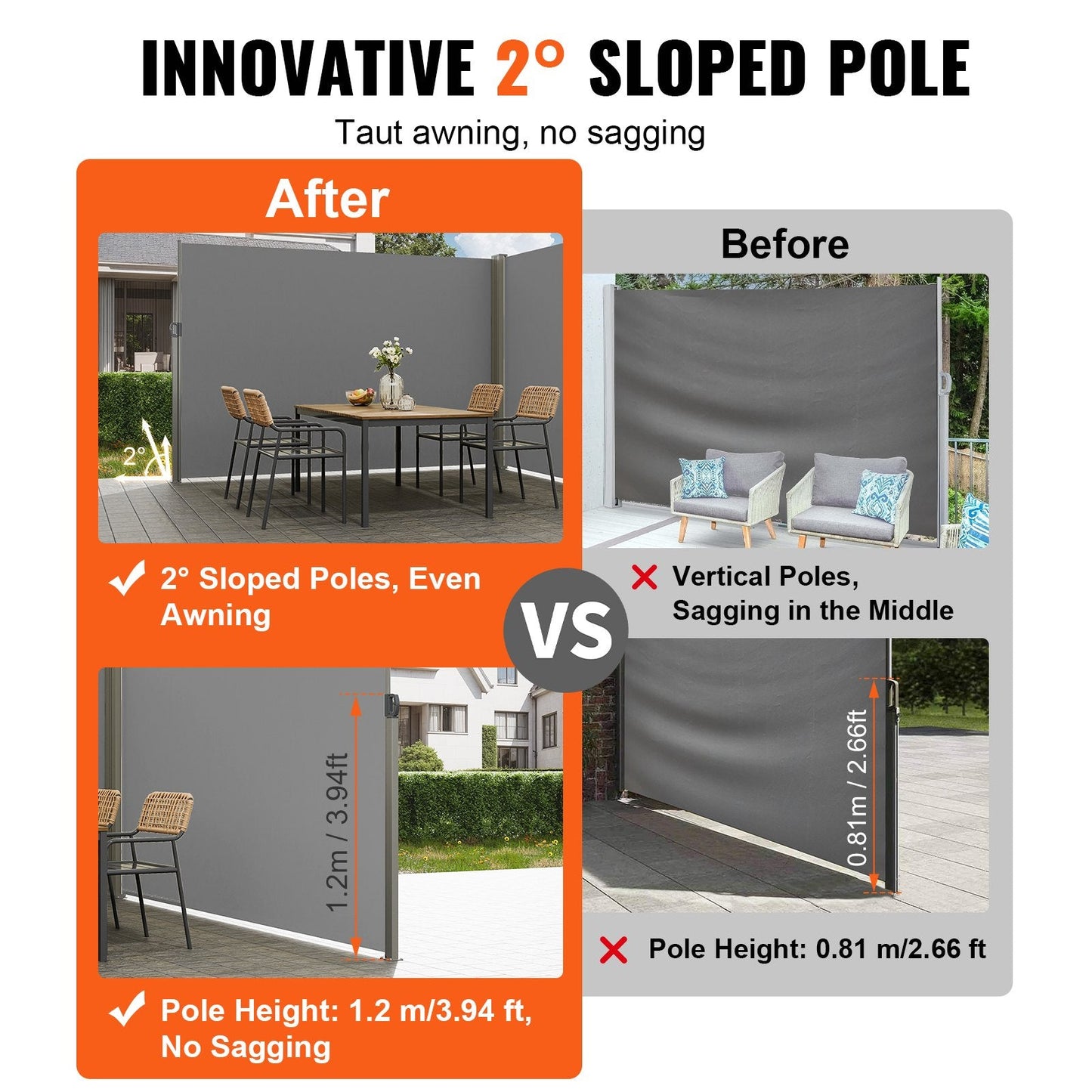 Retractable Outdoor Privacy Screen, 2x6 m Gray Polyester Wind & UV Protection