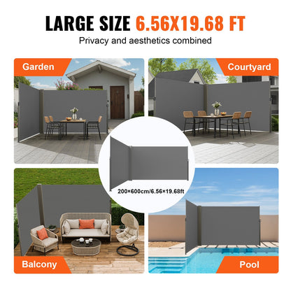 Retractable Outdoor Privacy Screen, 2x6 m Gray Polyester Wind & UV Protection