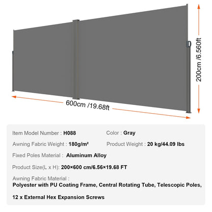 Retractable Outdoor Privacy Screen, 2x6 m Gray Polyester Wind & UV Protection