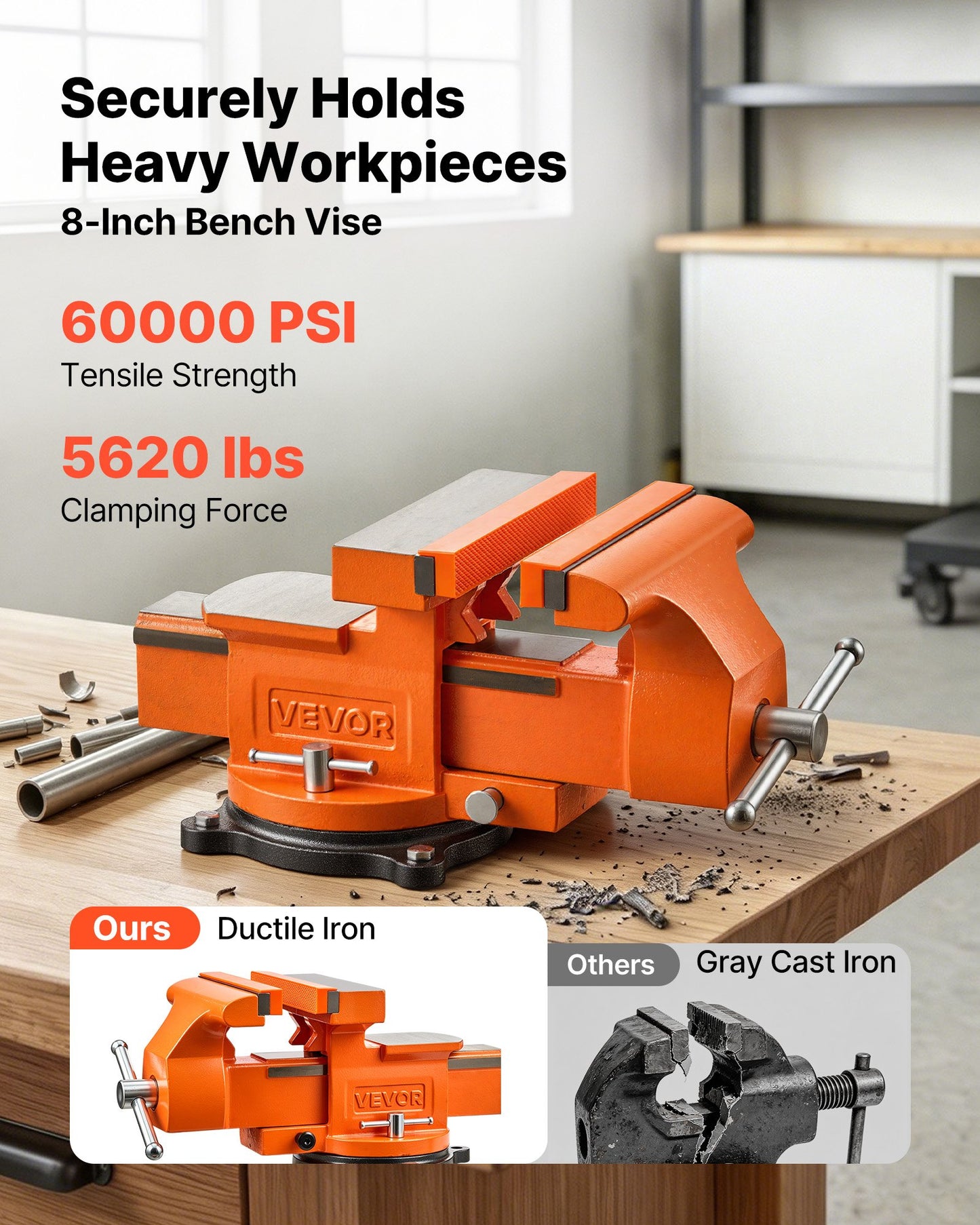 Heavy Duty Bench Vise, 203 mm Jaw Width, Multi-Purpose Ductile Iron Bench Vise with Anvil, 360-Degree Locking Swivel Base, 75 mm Throat Depth, 203 mm Max Jaw Opening, for Drilling, Pipe Cutting
