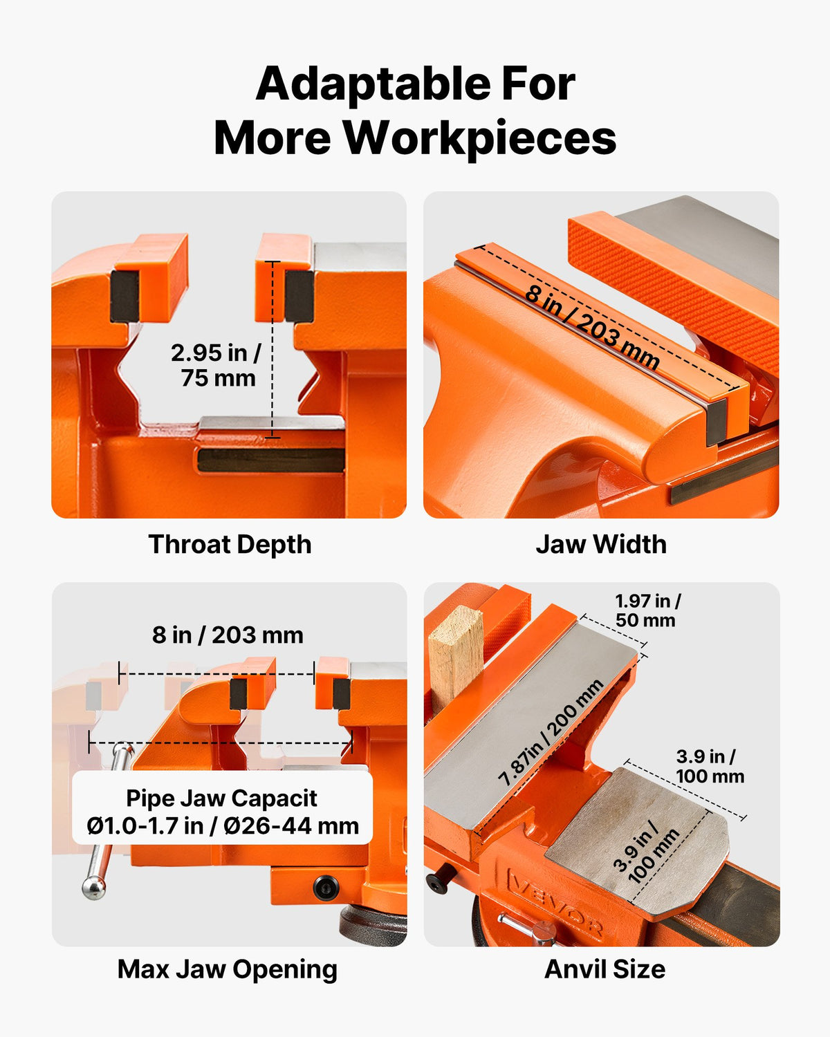 Heavy Duty Bench Vise, 203 mm Jaw Width, Multi-Purpose Ductile Iron Bench Vise with Anvil, 360-Degree Locking Swivel Base, 75 mm Throat Depth, 203 mm Max Jaw Opening, for Drilling, Pipe Cutting