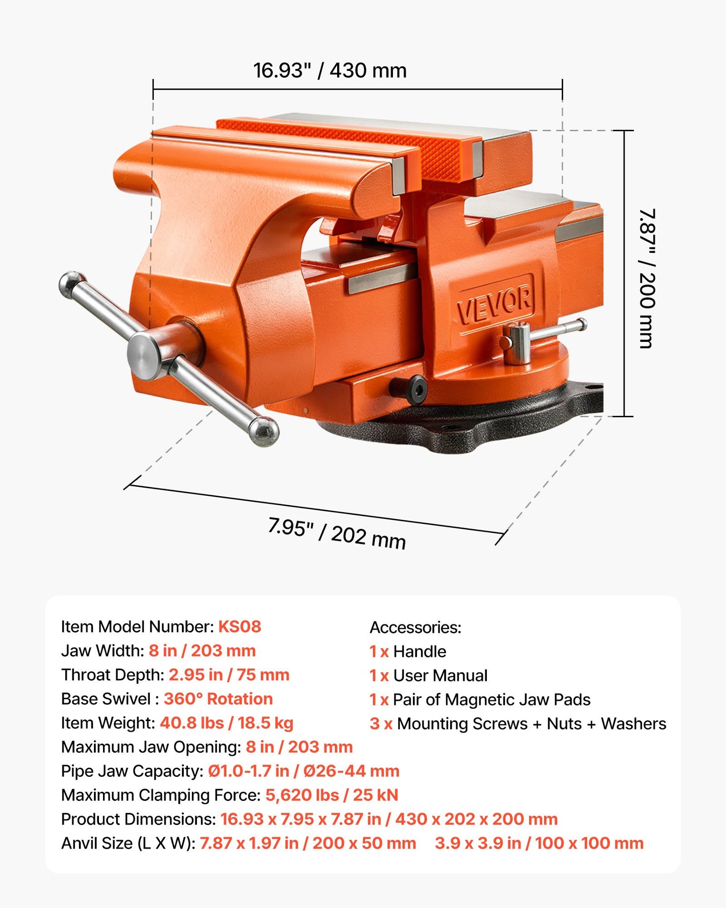 Heavy Duty Bench Vise, 203 mm Jaw Width, Multi-Purpose Ductile Iron Bench Vise with Anvil, 360-Degree Locking Swivel Base, 75 mm Throat Depth, 203 mm Max Jaw Opening, for Drilling, Pipe Cutting