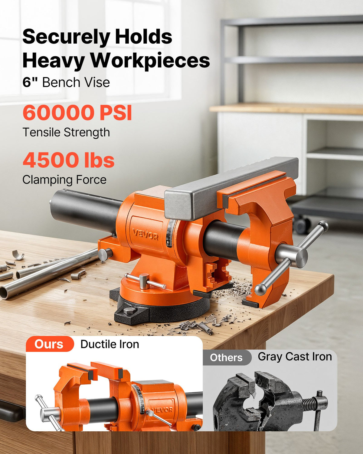 Heavy Duty Bench Vise, 150 mm Jaw Width, Double Swivel Rotating Multi-Purpose Bench Vise, with 360° Locking Swivel Base Head, 71 mm Throat Depth, 155mm Max Jaw Opening, for Drilling Pipe Cutting
