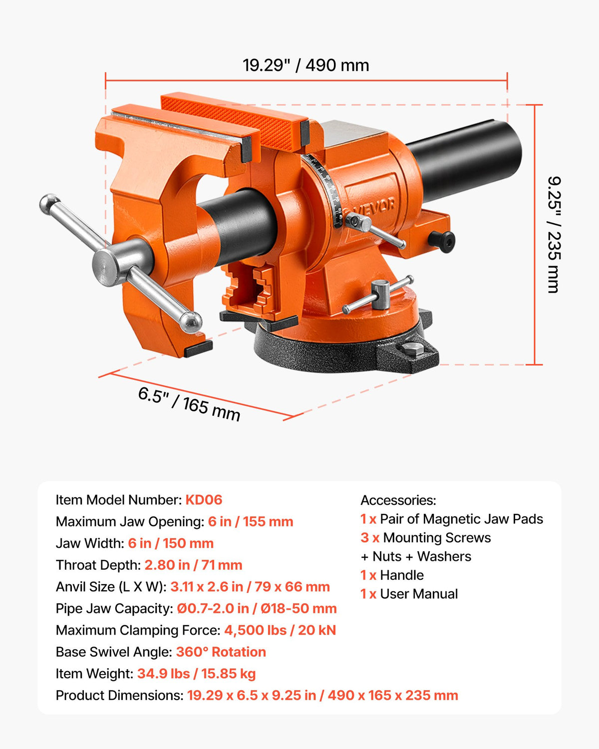 Heavy Duty Bench Vise, 150 mm Jaw Width, Double Swivel Rotating Multi-Purpose Bench Vise, with 360° Locking Swivel Base Head, 71 mm Throat Depth, 155mm Max Jaw Opening, for Drilling Pipe Cutting