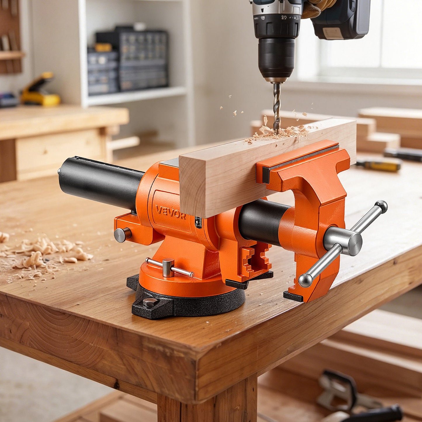 Heavy Duty Bench Vise, 150 mm Jaw Width, Double Swivel Rotating Multi-Purpose Bench Vise, with 360° Locking Swivel Base Head, 71 mm Throat Depth, 155mm Max Jaw Opening, for Drilling Pipe Cutting
