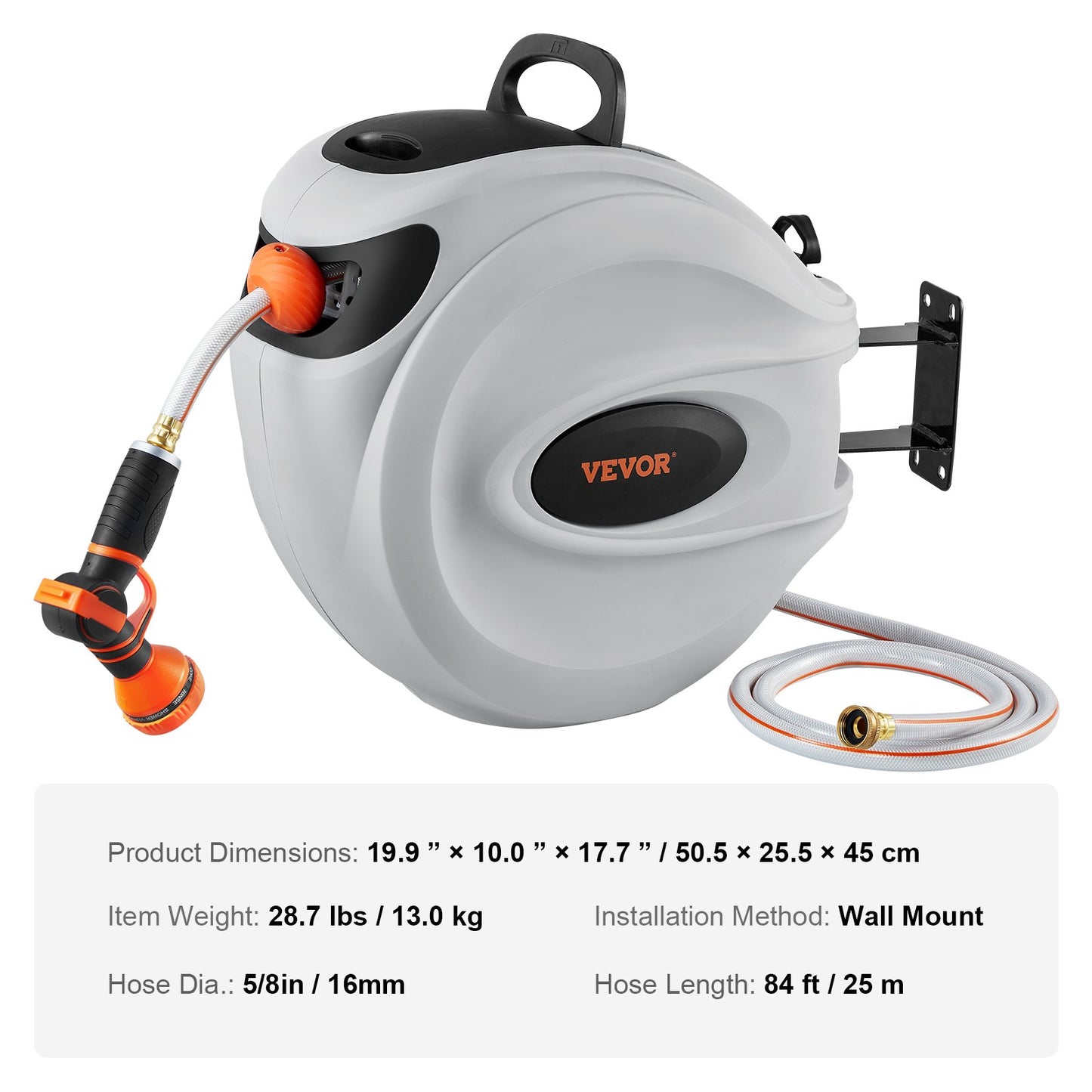 VEVOR Retractable Hose Reel, 84 ft x 5/8 inch, 180° Swivel Bracket Wall-Mounted,
