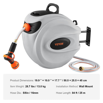 VEVOR Retractable Hose Reel, 84 ft x 5/8 inch, 180° Swivel Bracket Wall-Mounted,