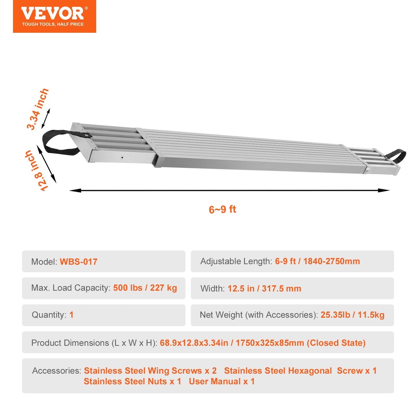 Telescoping Aluminum Scaffold Plank, 1.8-2.7m, 227kg Capacity, 317mm Width