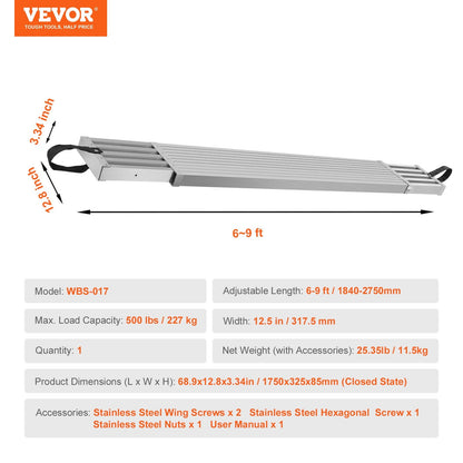 Telescoping Aluminum Scaffold Plank, 1.8-2.7m, 227kg Capacity, 317mm Width
