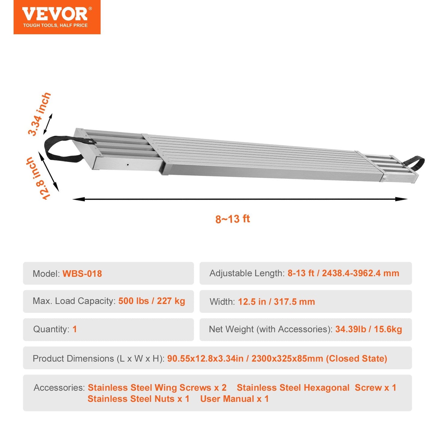 Telescoping Aluminum Work Plank, 2.4-4m, 227kg Capacity, 317.5mm Width