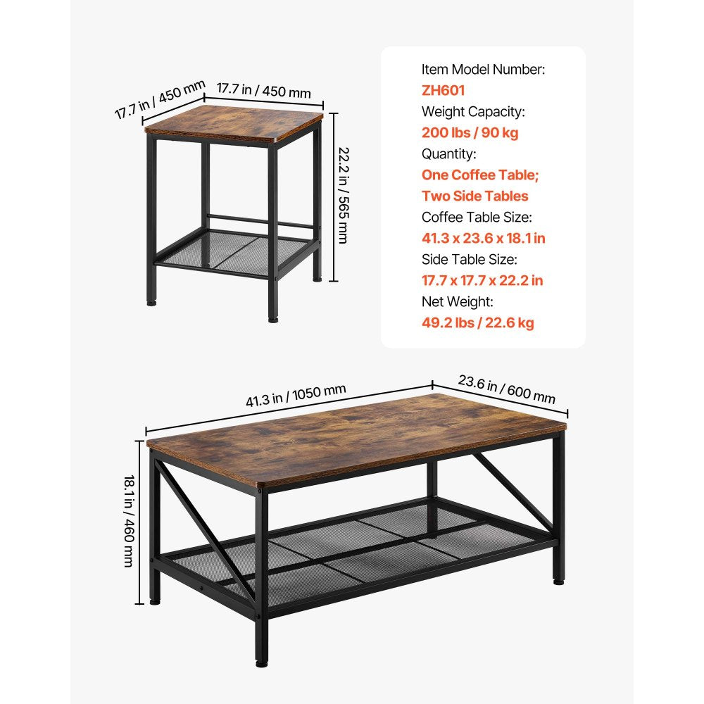 3 Pieces Living Room Table Sets 105 cm Coffee Table with 2 End Tables