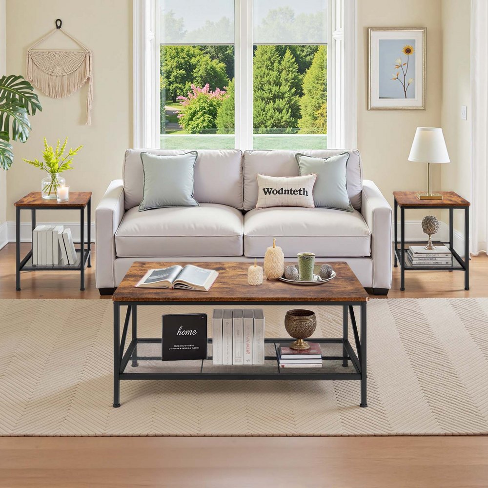 3 Pieces Living Room Table Sets 105 cm Coffee Table with 2 End Tables