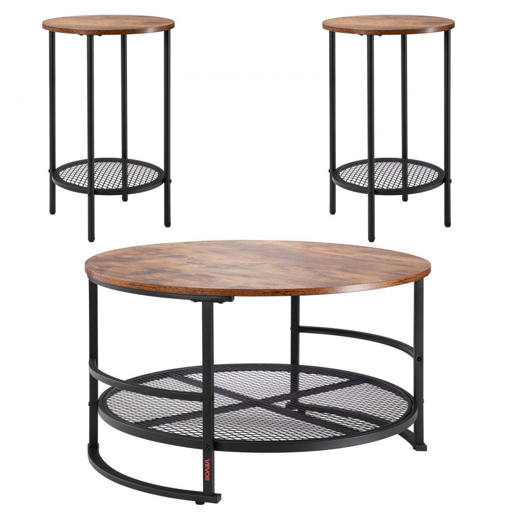 3 Pieces Round Coffee Table Set 80 cm with 2 End Tables for Living Room