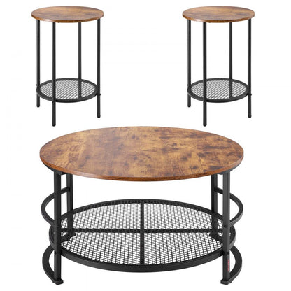 3 Pieces Round Coffee Table Set 80 cm with 2 End Tables for Living Room