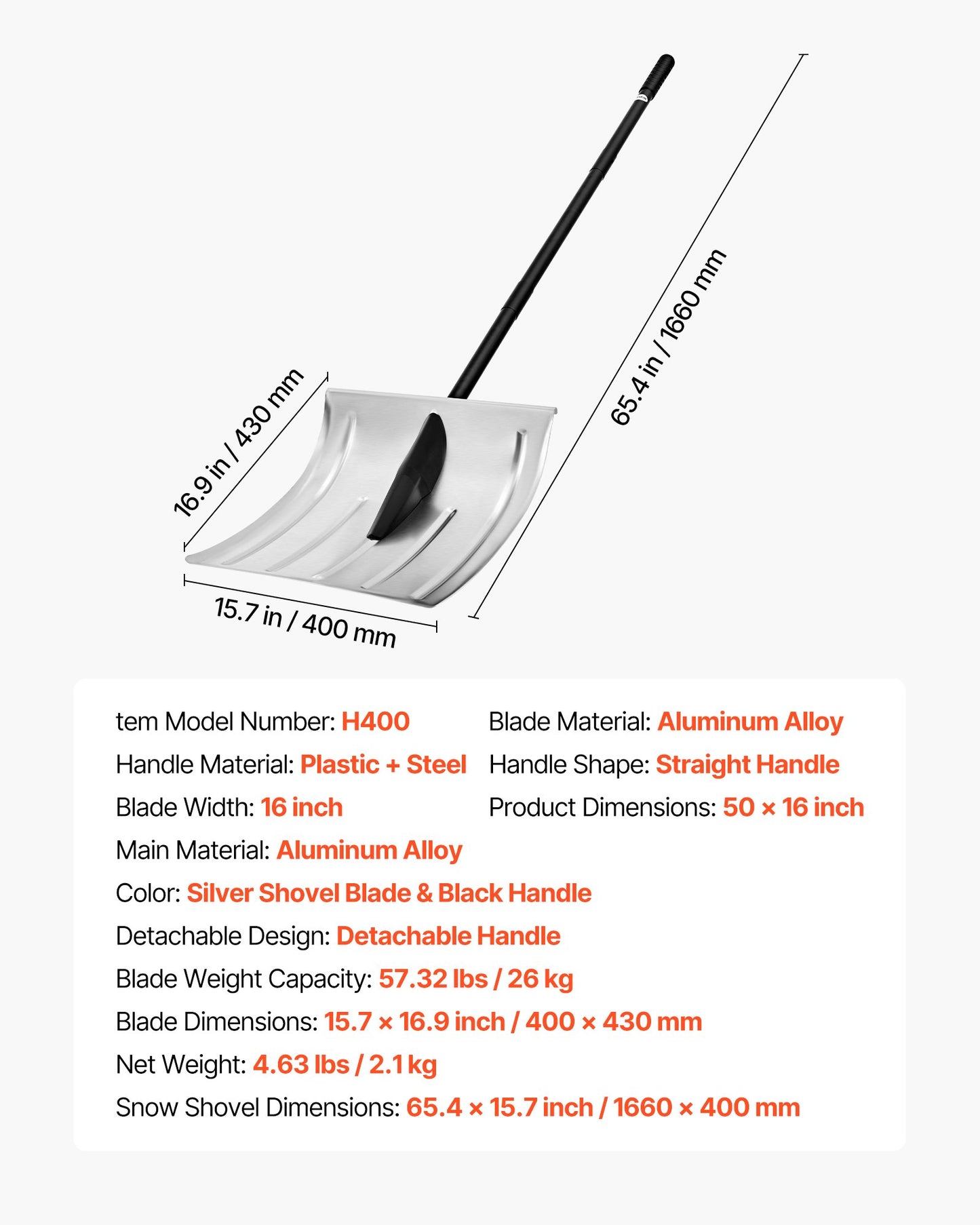 Snow Shovel for Driveway, 40cm Wide Aluminum Alloy Snow Shovel, Non Slip Grip, Large Capacity Snowplow Shovels, Detachable & Lightweight Snows Removal Tool for Garden Car Camping Outdoors