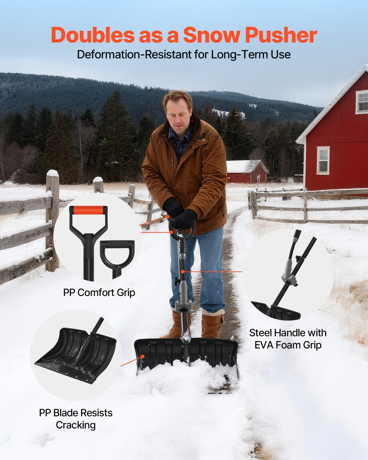 Snow Shovel for Driveway, 45.5cm Wide Snow Shovel with Assist D-shaped Handles, Non Slip Grip, Large Capacity Snowplow Shovels, Lightweight Snows Removal Tool for Garden Car Camping Outdoors
