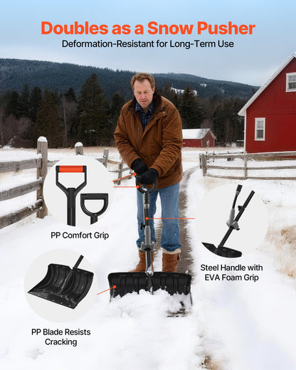 Snow Shovel for Driveway, 45.5cm Wide Snow Shovel with Assist D-shaped Handles, Non Slip Grip, Large Capacity Snowplow Shovels, Lightweight Snows Removal Tool for Garden Car Camping Outdoors