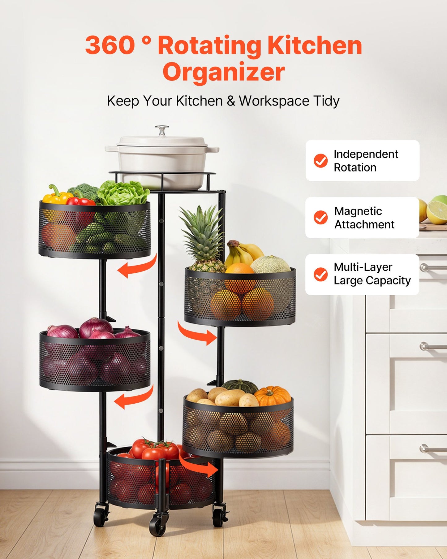 Rotating Storage Rack Cart, 5 Tier Fruit and Vegetable Basket Bowls, Heavy Duty Wire Basket Organizer on Wheels, Large Capacity Stand with Metal Top Lid, for Kitchen Bathroom Nursery, Black