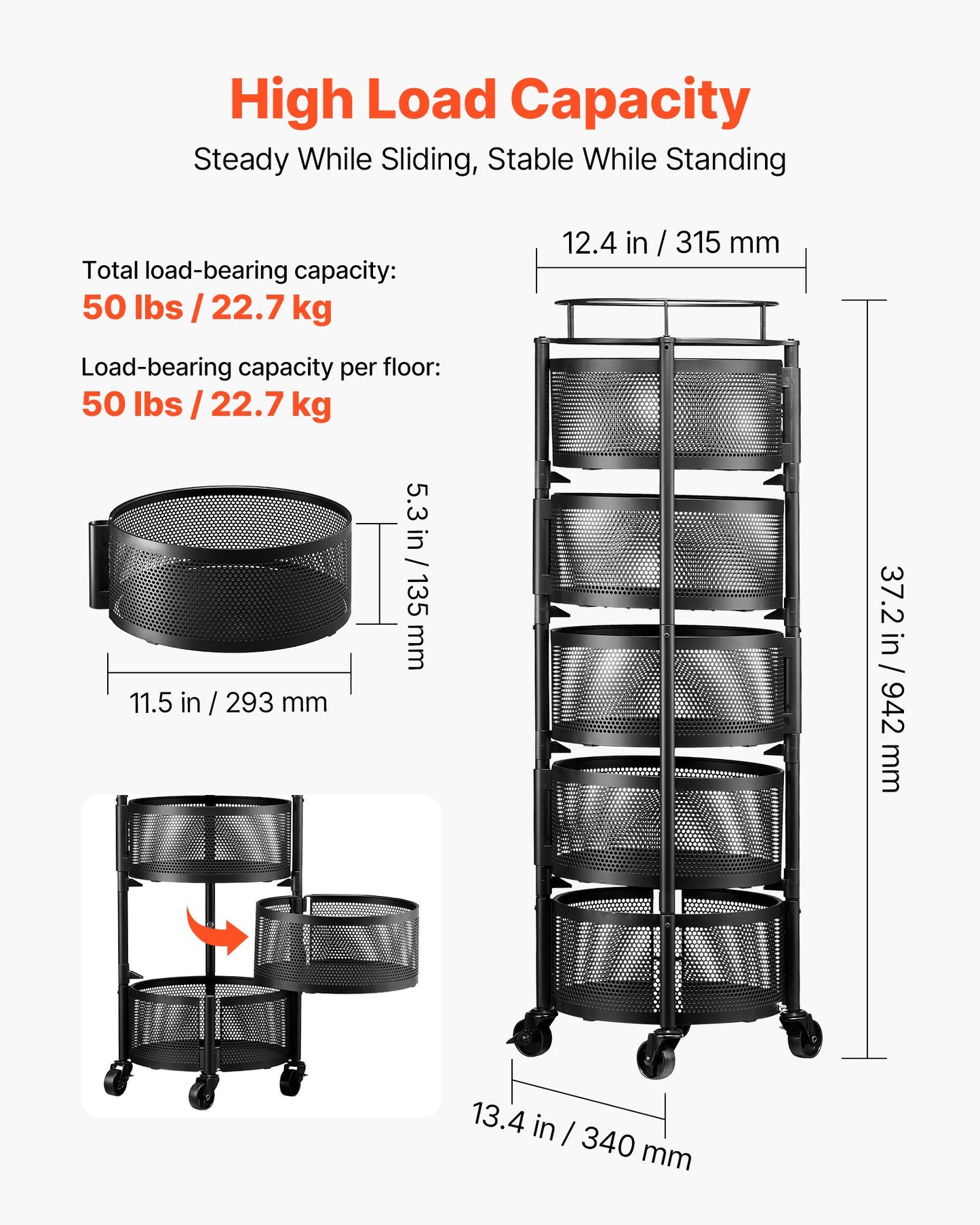 Rotating Storage Rack Cart, 5 Tier Fruit and Vegetable Basket Bowls, Heavy Duty Wire Basket Organizer on Wheels, Large Capacity Stand with Metal Top Lid, for Kitchen Bathroom Nursery, Black