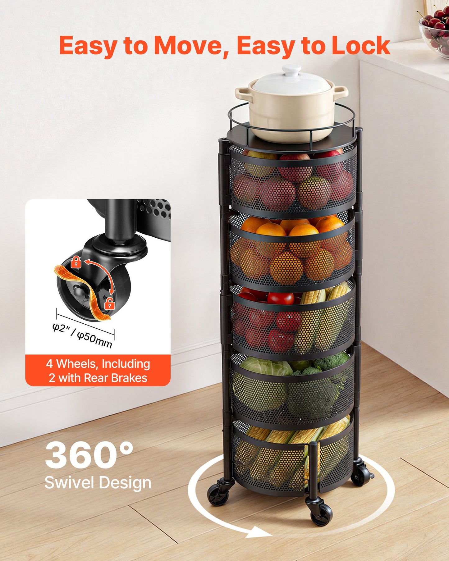 Rotating Storage Rack Cart, 5 Tier Fruit and Vegetable Basket Bowls, Heavy Duty Wire Basket Organizer on Wheels, Large Capacity Stand with Metal Top Lid, for Kitchen Bathroom Nursery, Black