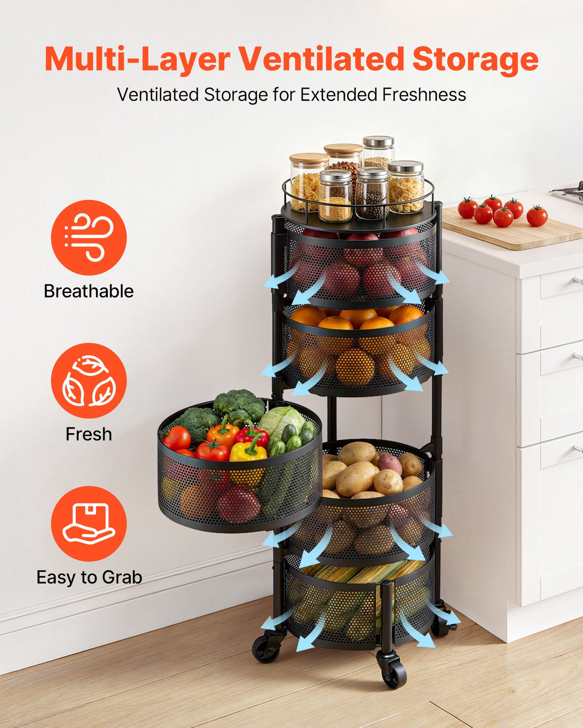 Rotating Storage Rack Cart, 5 Tier Fruit and Vegetable Basket Bowls, Heavy Duty Wire Basket Organizer on Wheels, Large Capacity Stand with Metal Top Lid, for Kitchen Bathroom Nursery, Black