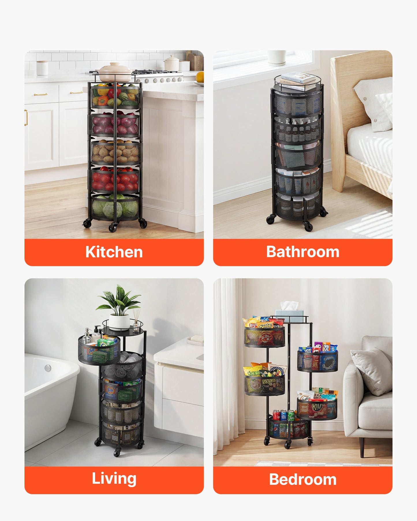 Rotating Storage Rack Cart, 5 Tier Fruit and Vegetable Basket Bowls, Heavy Duty Wire Basket Organizer on Wheels, Large Capacity Stand with Metal Top Lid, for Kitchen Bathroom Nursery, Black